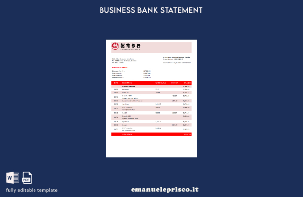 modello Word e PDF di estratto conto della società bancaria China Merchants in s